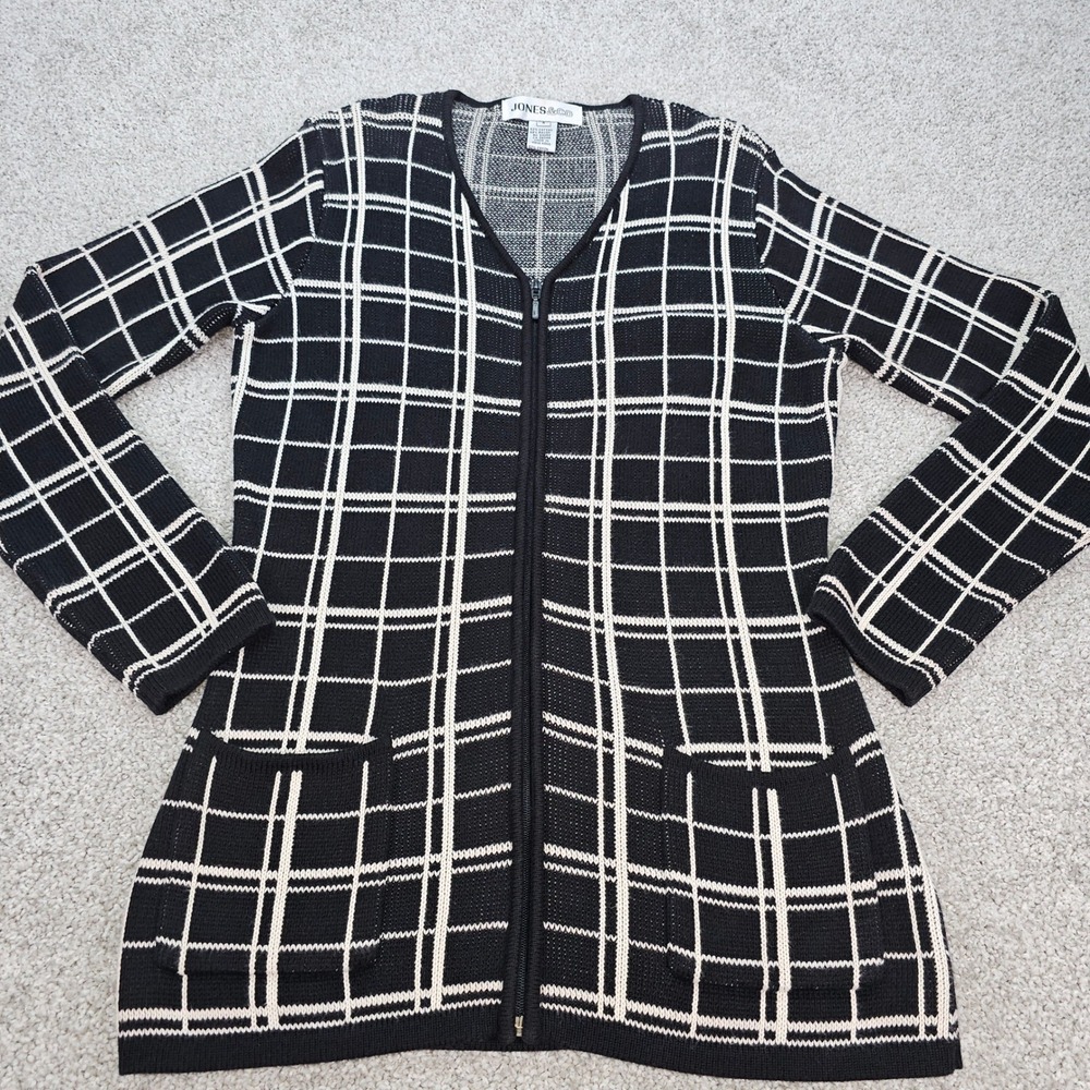 Vintage 90s JONES & CO Plaid‎ Cardigan Small Black Cream White Zip Pockets Knit